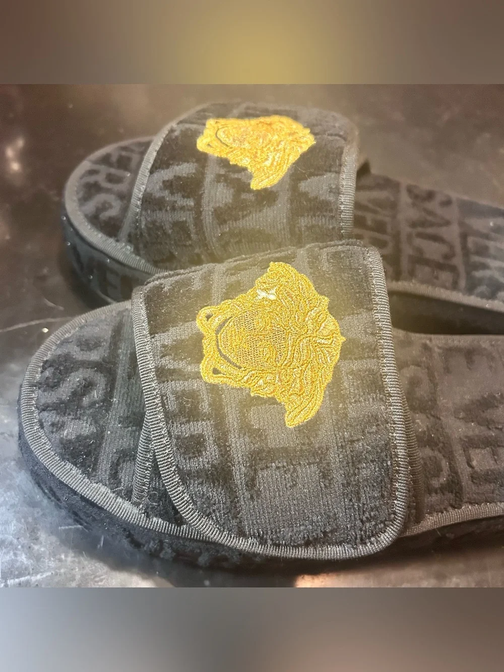 Versace Black Velour Terry Cloth Slide Sandals with Gold Medusa Embroidery